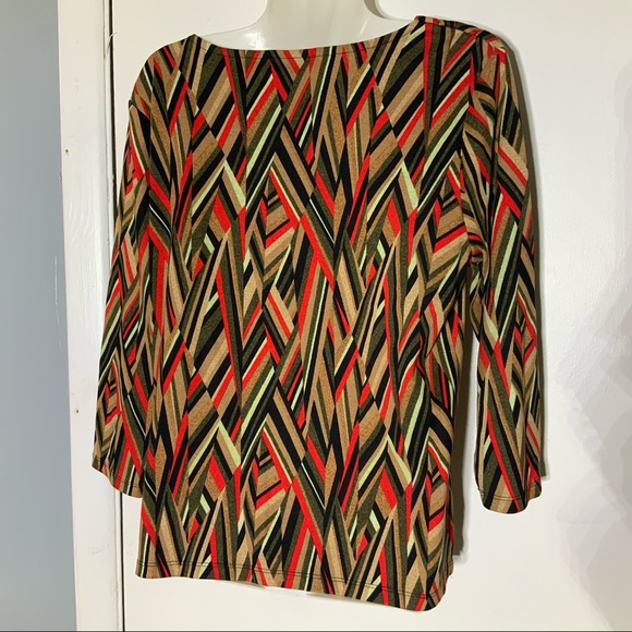 Rafaella Geometric Stripes Earthy Colors Lace Chain Neckline L/P TOP - Picture 10 of 13